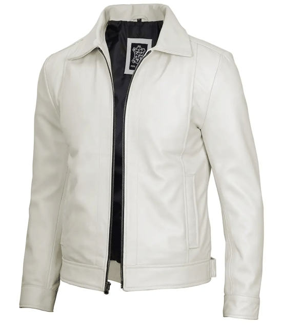 Men Off White Real Leather Harrington Jacket