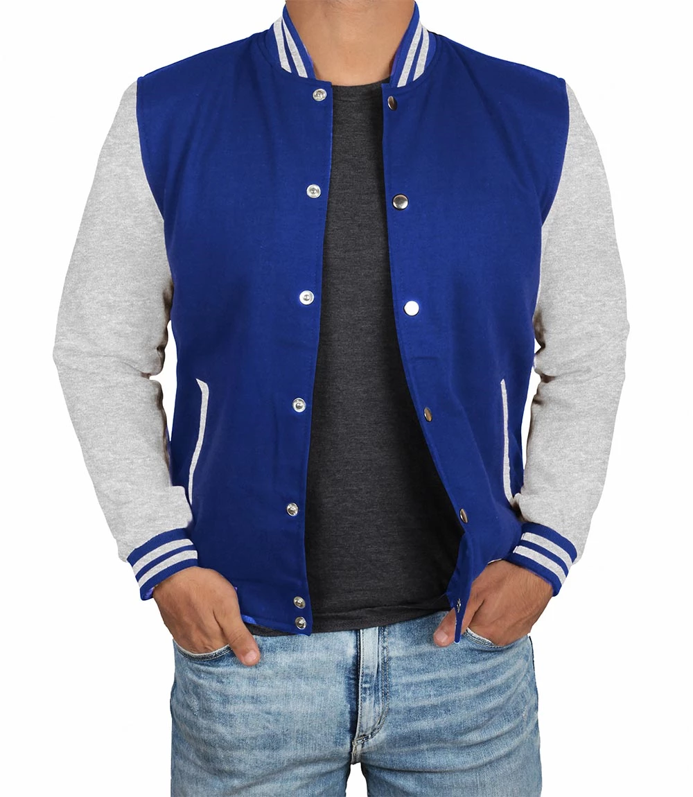 Men's Grey and Royal Blue Varsity Jacket - Letterman Style