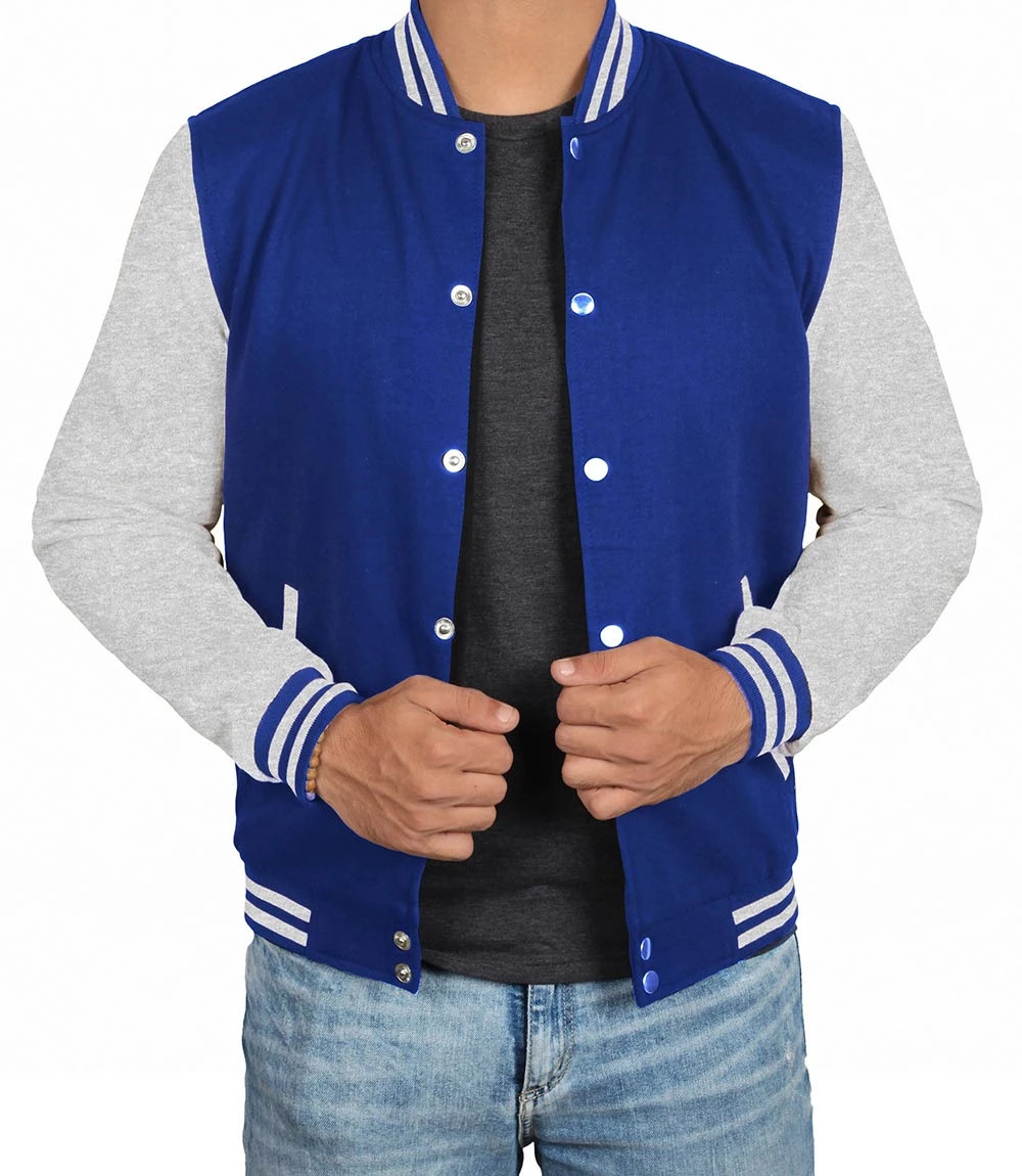 Men's Grey and Royal Blue Varsity Jacket - Letterman Style