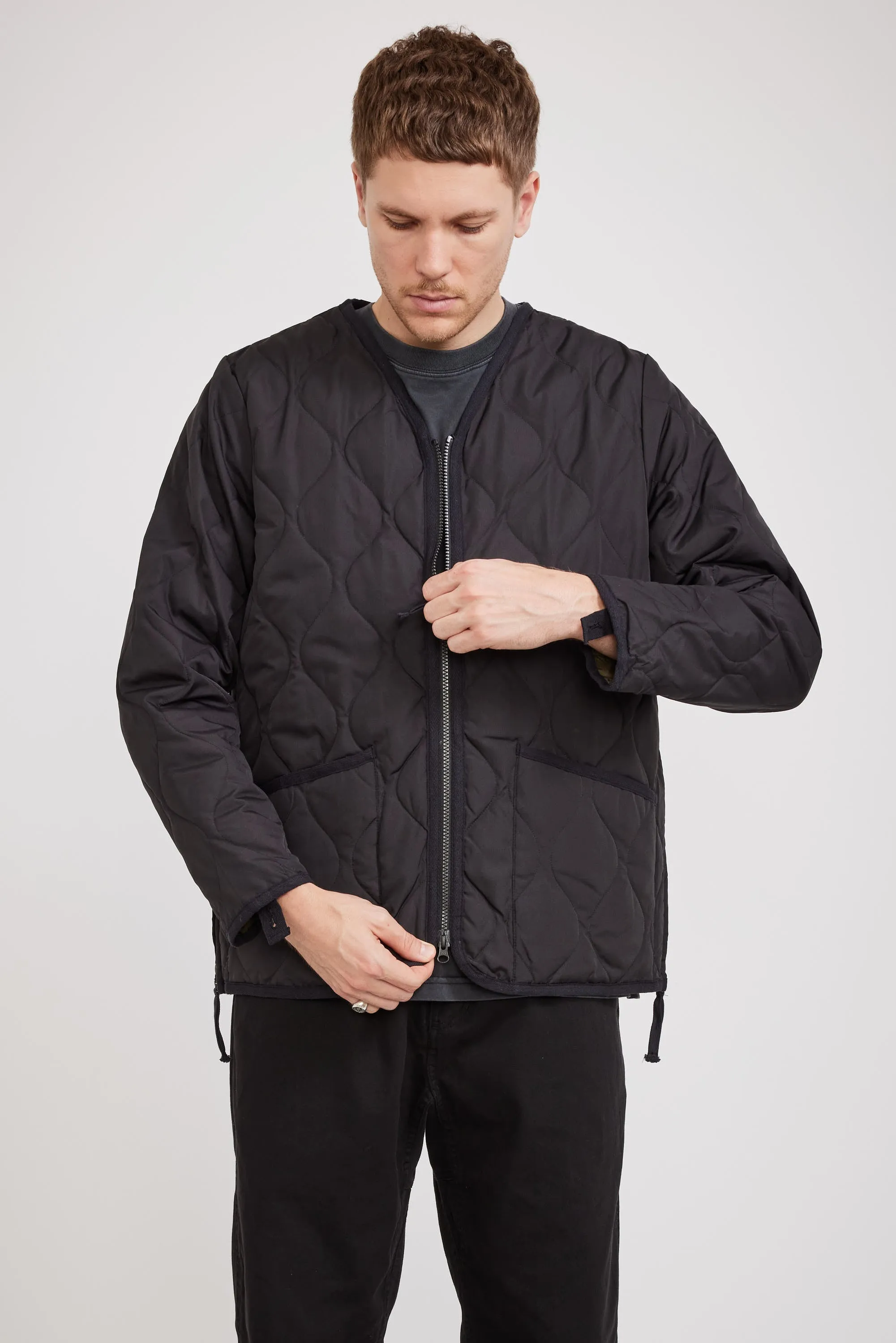 Military Zip V Neck Down Jacket Black