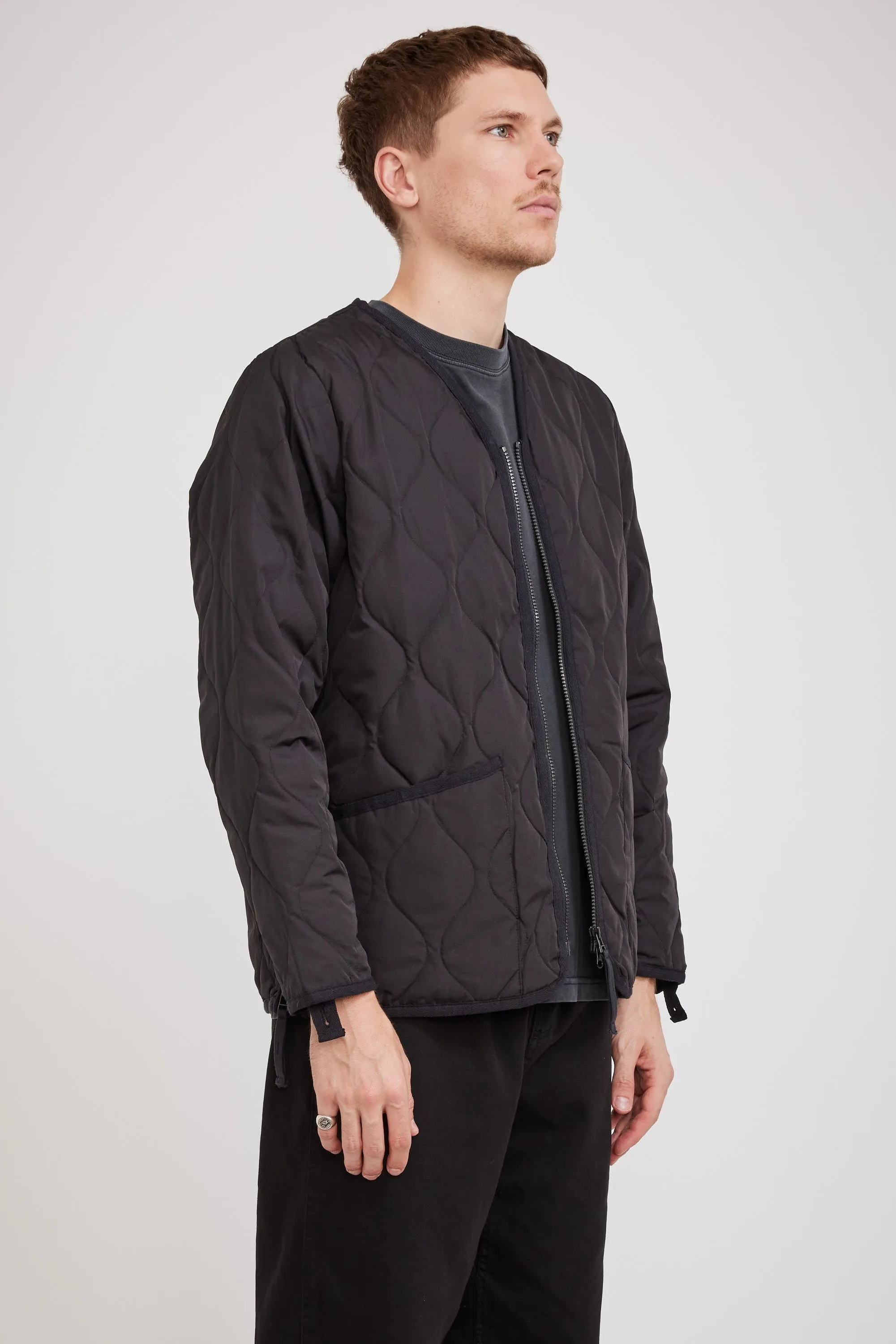 Military Zip V Neck Down Jacket Black