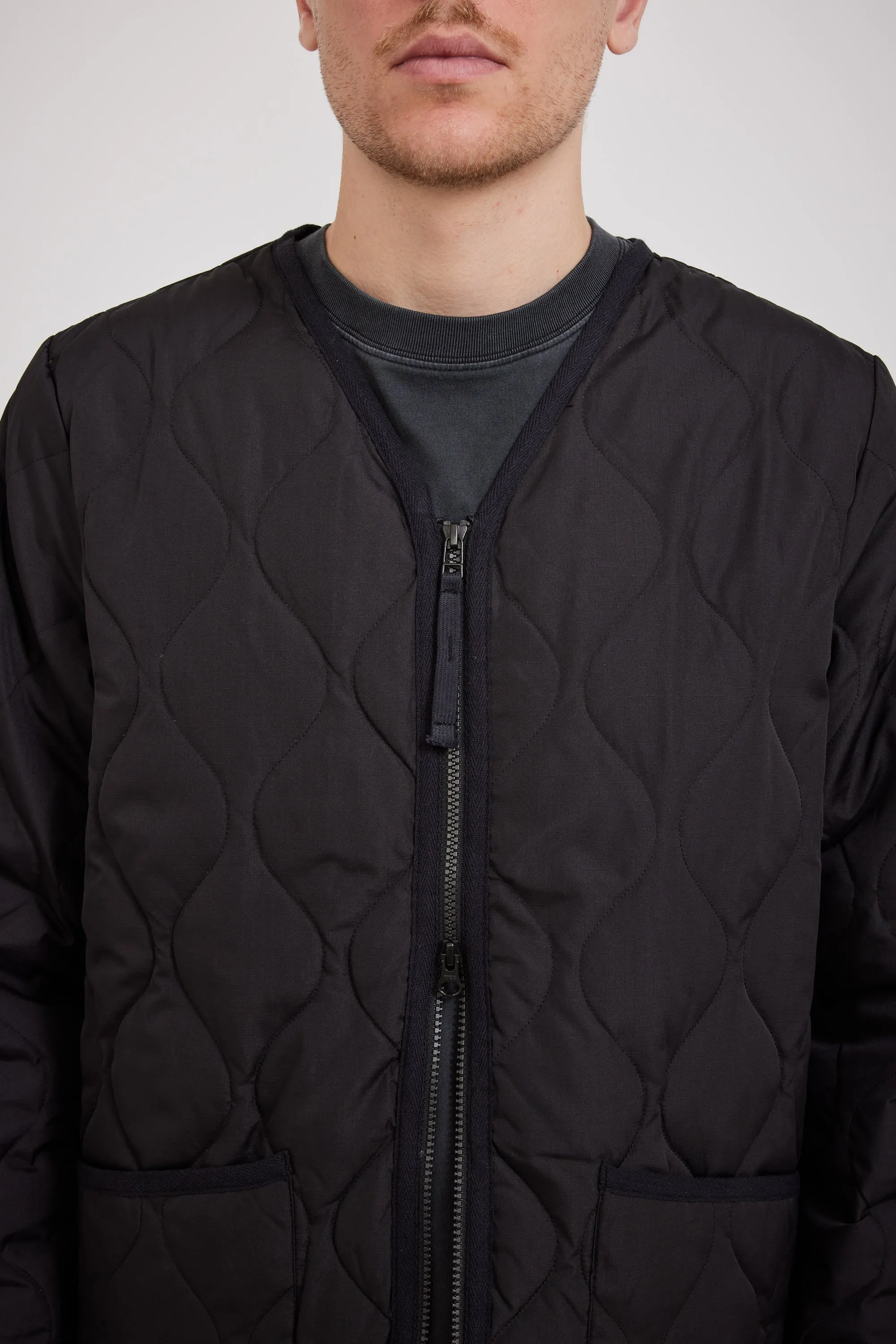 Military Zip V Neck Down Jacket Black