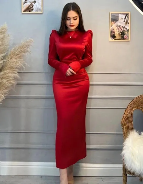 Modest Red Long Sleeves Evening Dress,Simple Red Prom Dress Y6564