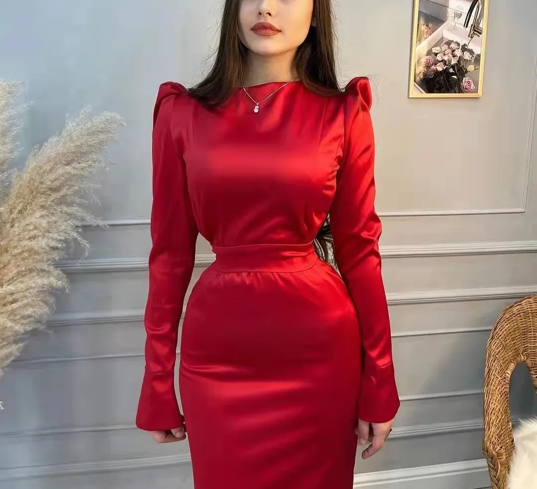 Modest Red Long Sleeves Evening Dress,Simple Red Prom Dress Y6564