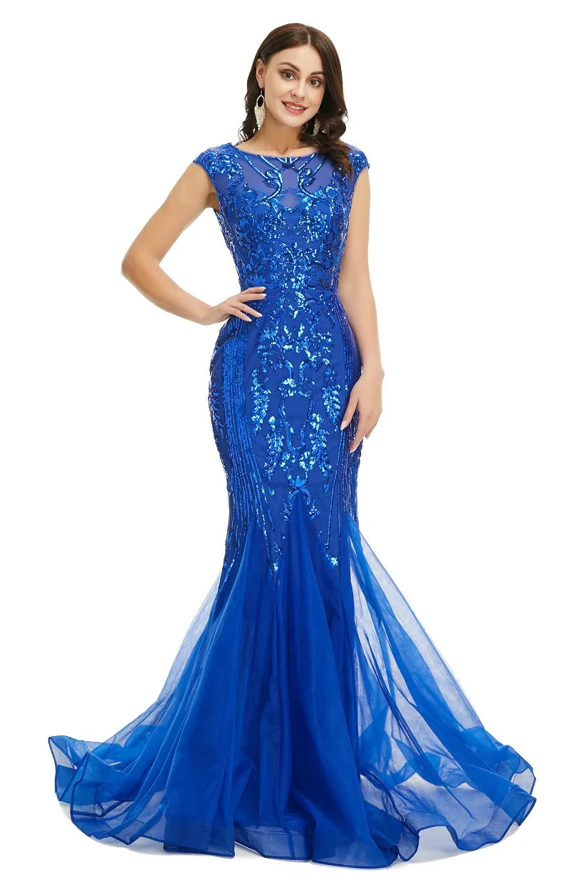 Modest Royal Blue Sequins Formal Gala Prom Evening Dress EN2011