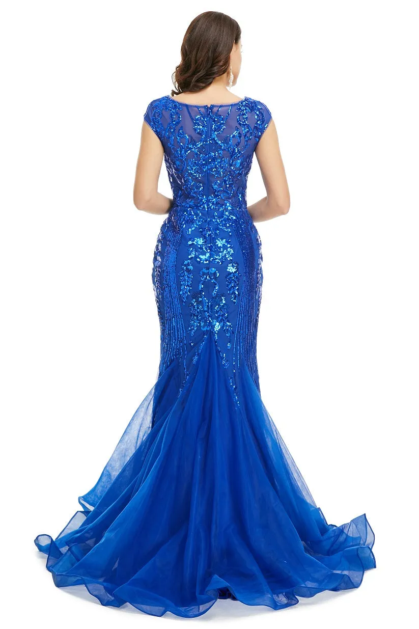 Modest Royal Blue Sequins Formal Gala Prom Evening Dress EN2011