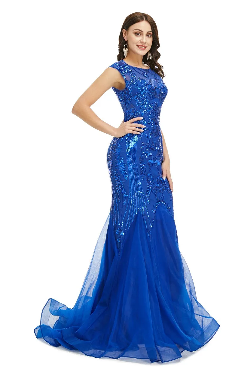 Modest Royal Blue Sequins Formal Gala Prom Evening Dress EN2011