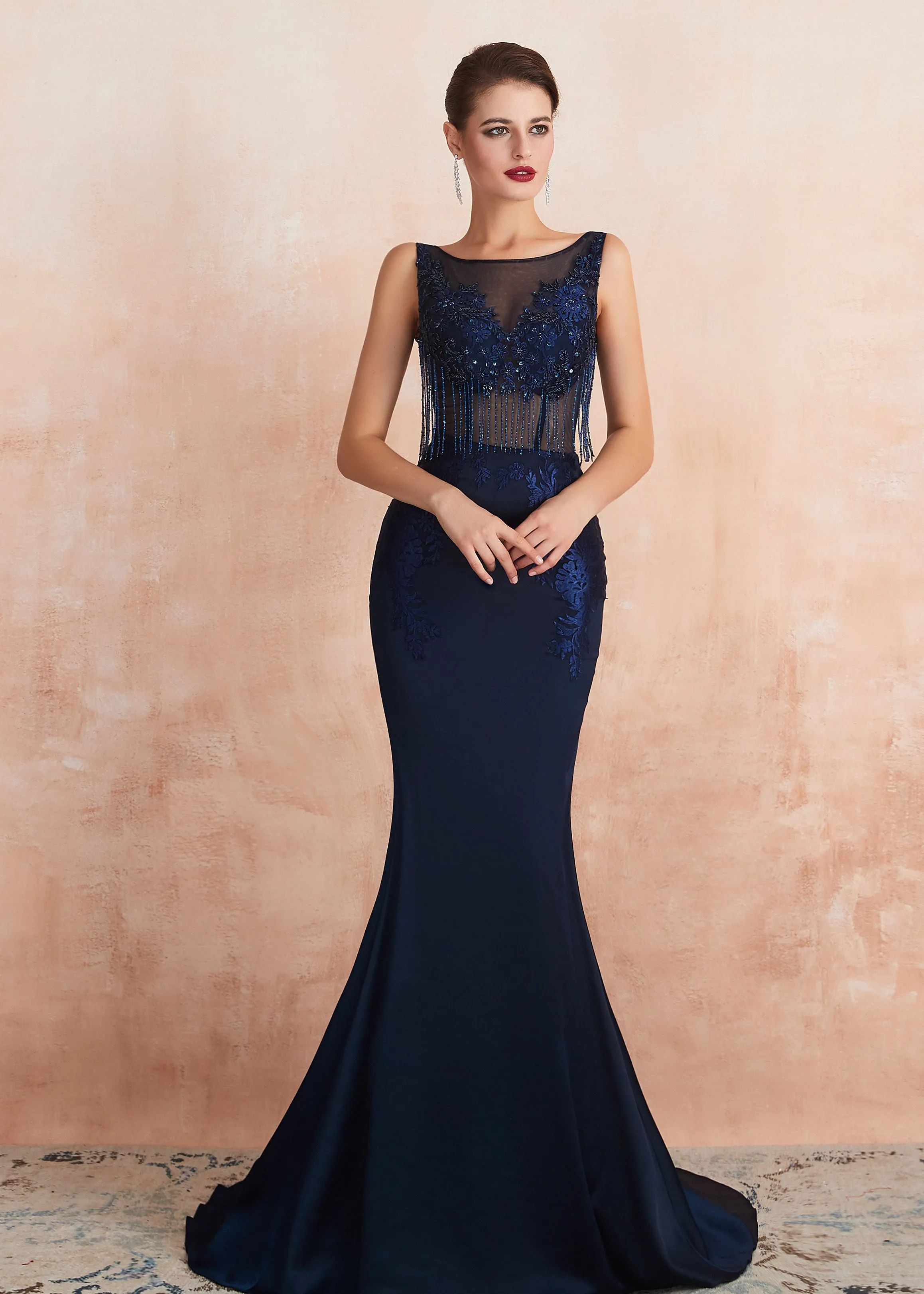 Navy Beaded Formal Evening Dress EN3401