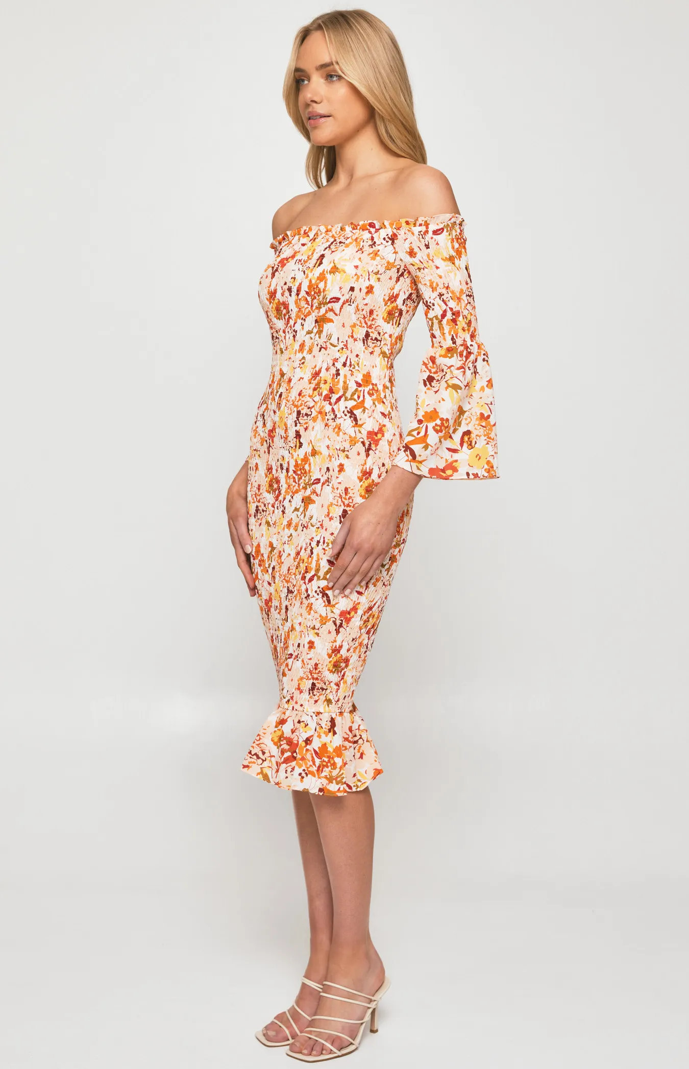 Off the Shoulder Shirred Midi Dress with 3/4 Bell Sleeves (WDR307-2B)