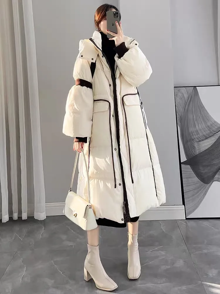 Off-White Hooded Down Jacket Women's Winter 2023 New Design Contrast Color Loose Slim Mid-Length Jacket