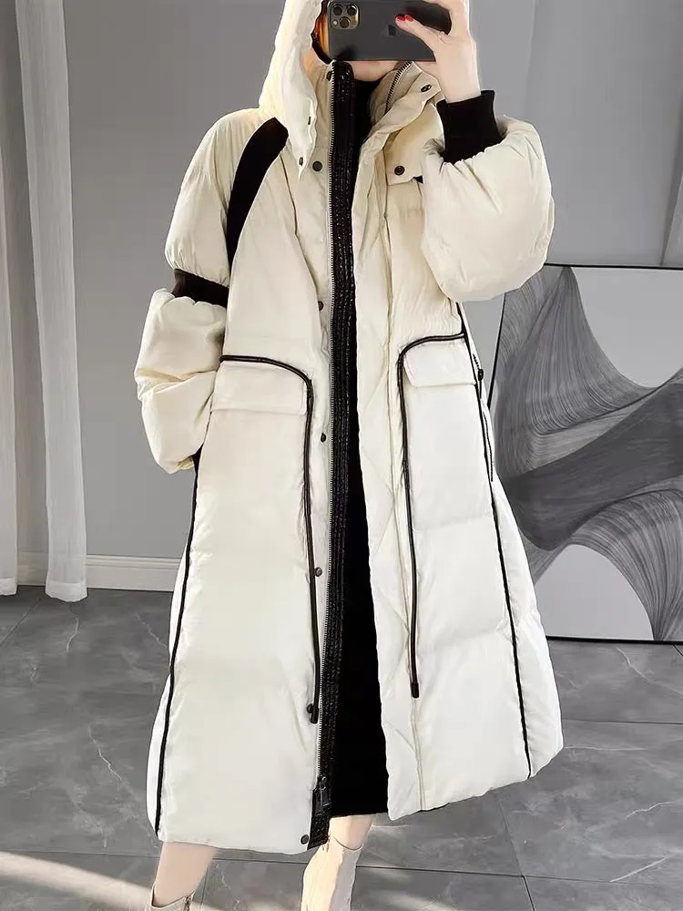 Off-White Hooded Down Jacket Women's Winter 2023 New Design Contrast Color Loose Slim Mid-Length Jacket