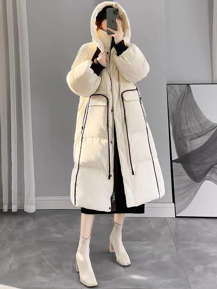 Off-White Hooded Down Jacket Women's Winter 2023 New Design Contrast Color Loose Slim Mid-Length Jacket