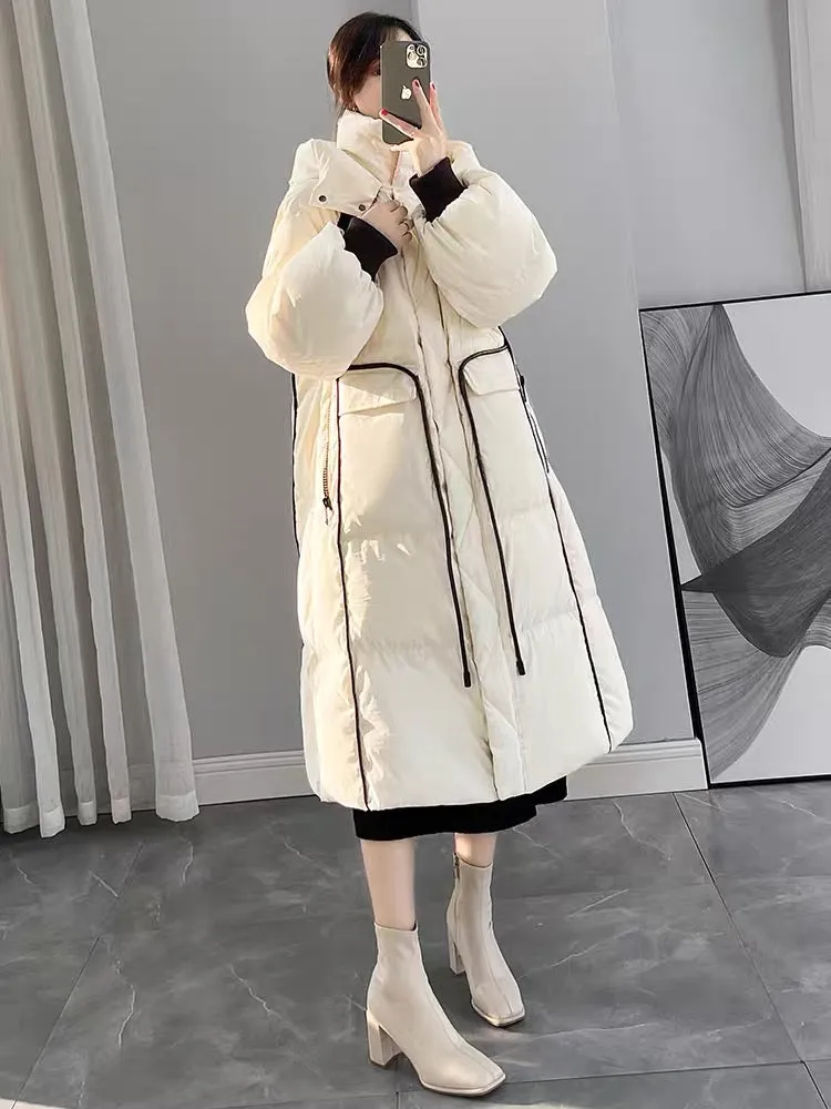 Off-White Hooded Down Jacket Women's Winter 2023 New Design Contrast Color Loose Slim Mid-Length Jacket