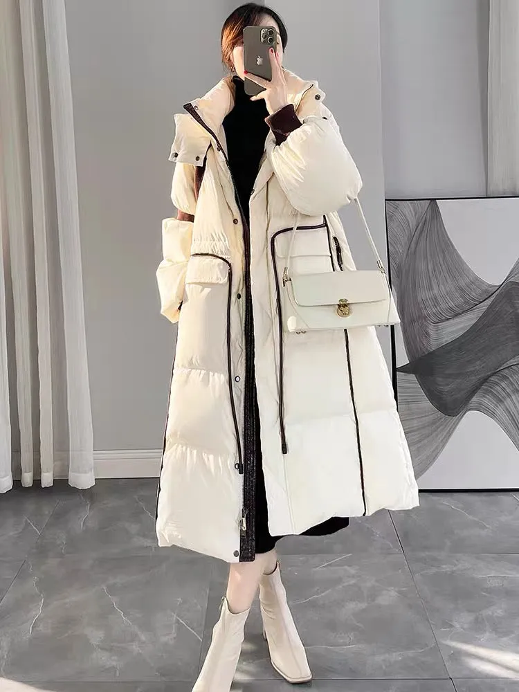 Off-White Hooded Down Jacket Women's Winter 2023 New Design Contrast Color Loose Slim Mid-Length Jacket