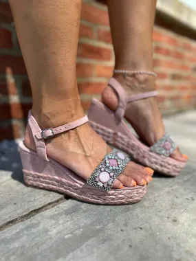 Pink Embellished Faux Suede Weave Wedge