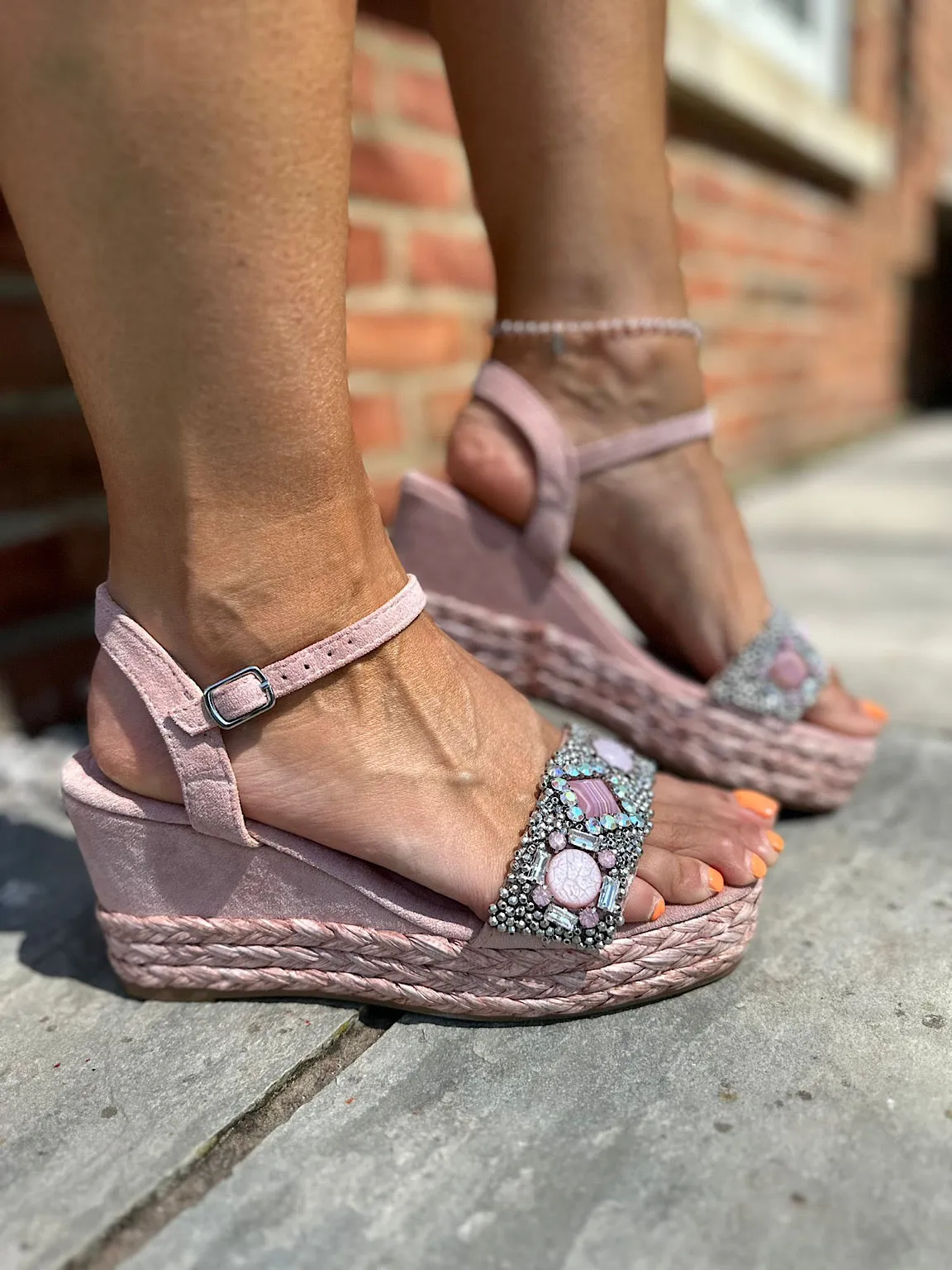 Pink Embellished Faux Suede Weave Wedge