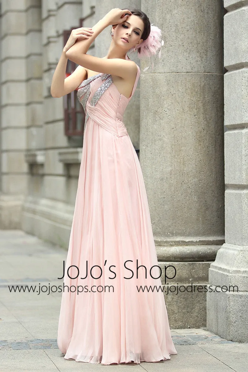 Pink Grecian Goddess One Shoulder Prom Formal Evening Dress