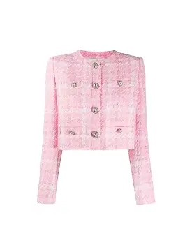 Pink Short Tweed Plaid Diamond Buttoned Jacket