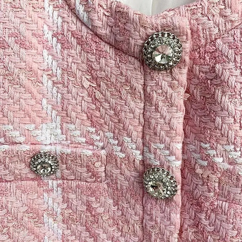 Pink Short Tweed Plaid Diamond Buttoned Jacket