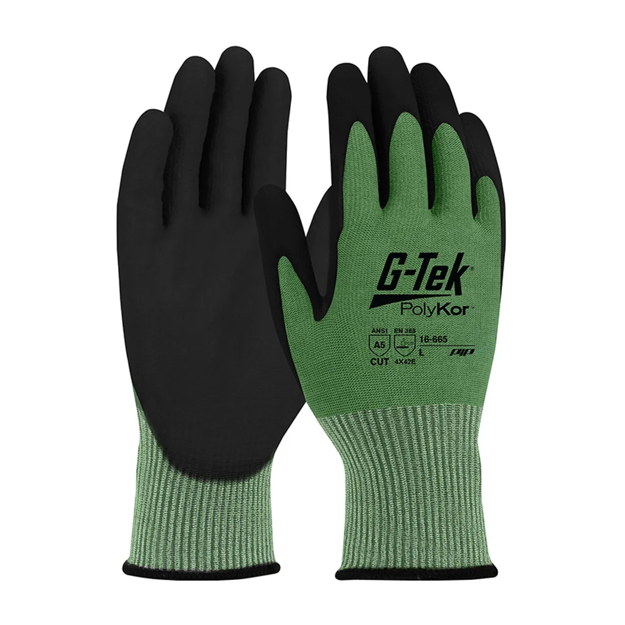 PIP Box of 72 Pair A5 Cut Level G-Tek PolyKor Nitrile Coated Green Gloves 16-665