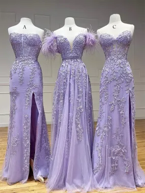 Purple Tulle Lace Long Prom Dress, Purple Tulle Formal Evening Dress