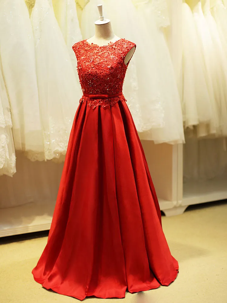 Red Open Back Lace Formal Evening Dress