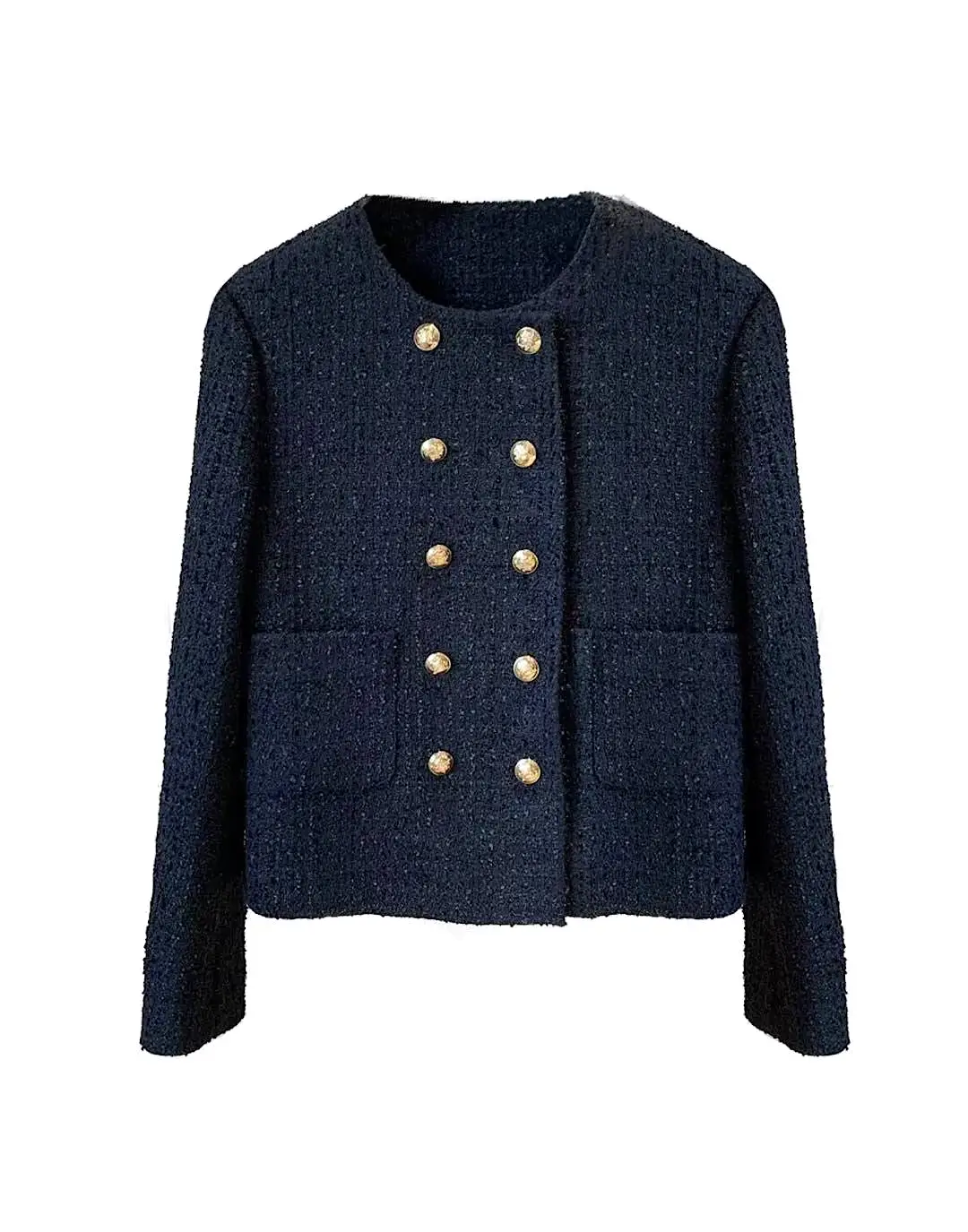 Round Neck Gold Buttoned Tweed Jacket