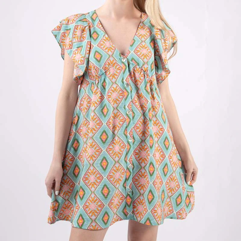 Ruffle Short Sleeve Printed Dress