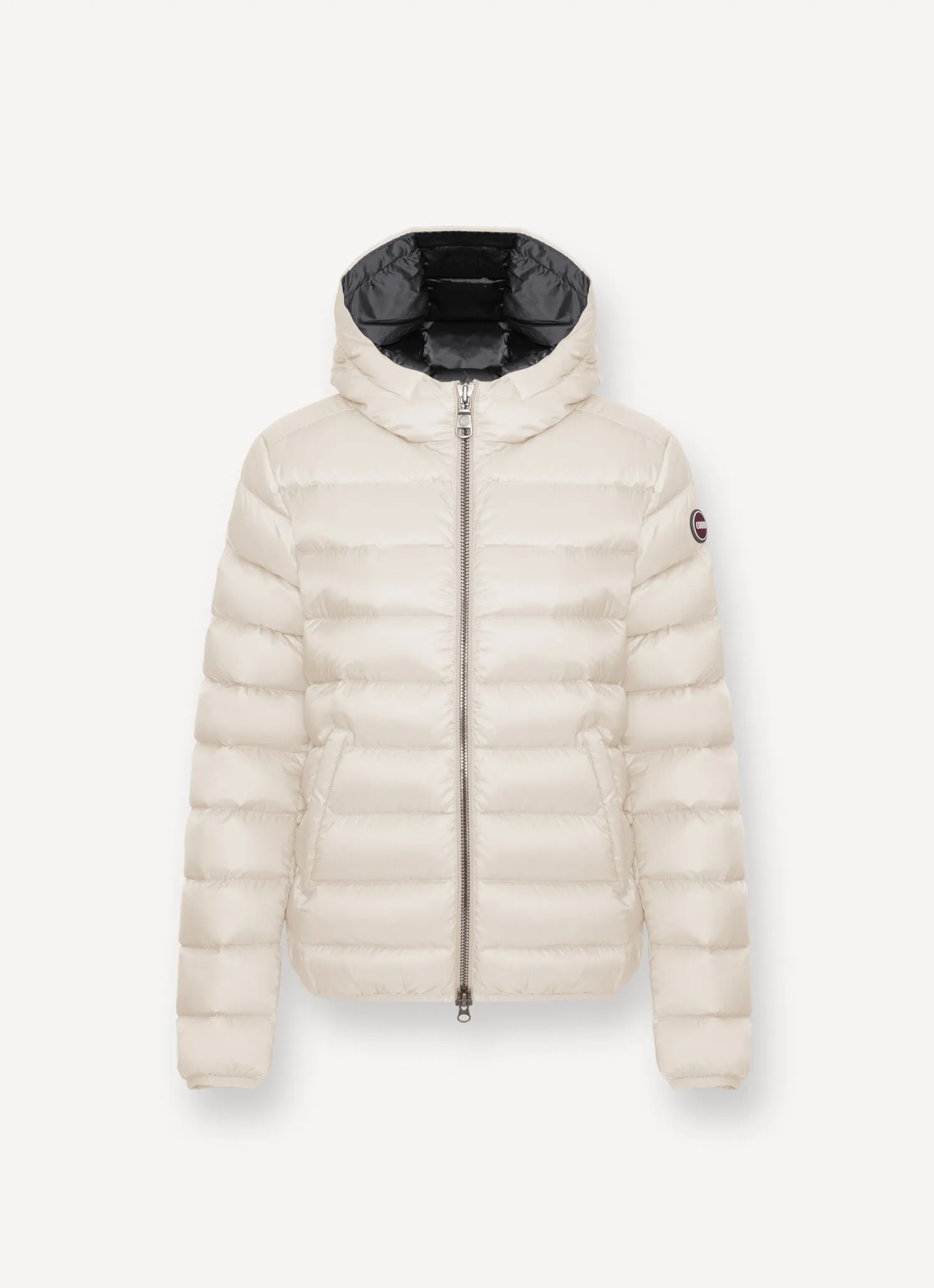 Short down jacket with attached hood-