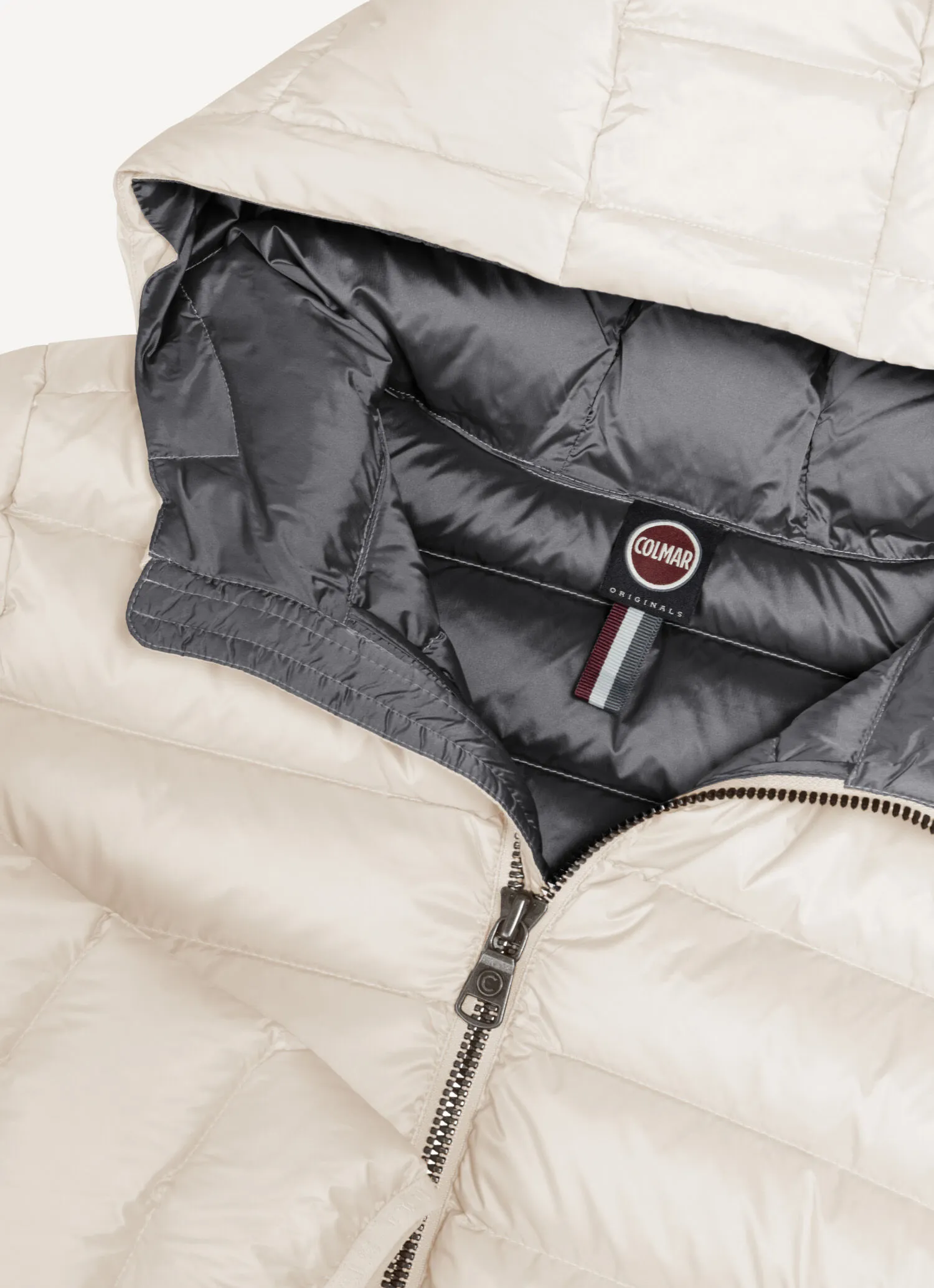 Short down jacket with attached hood-