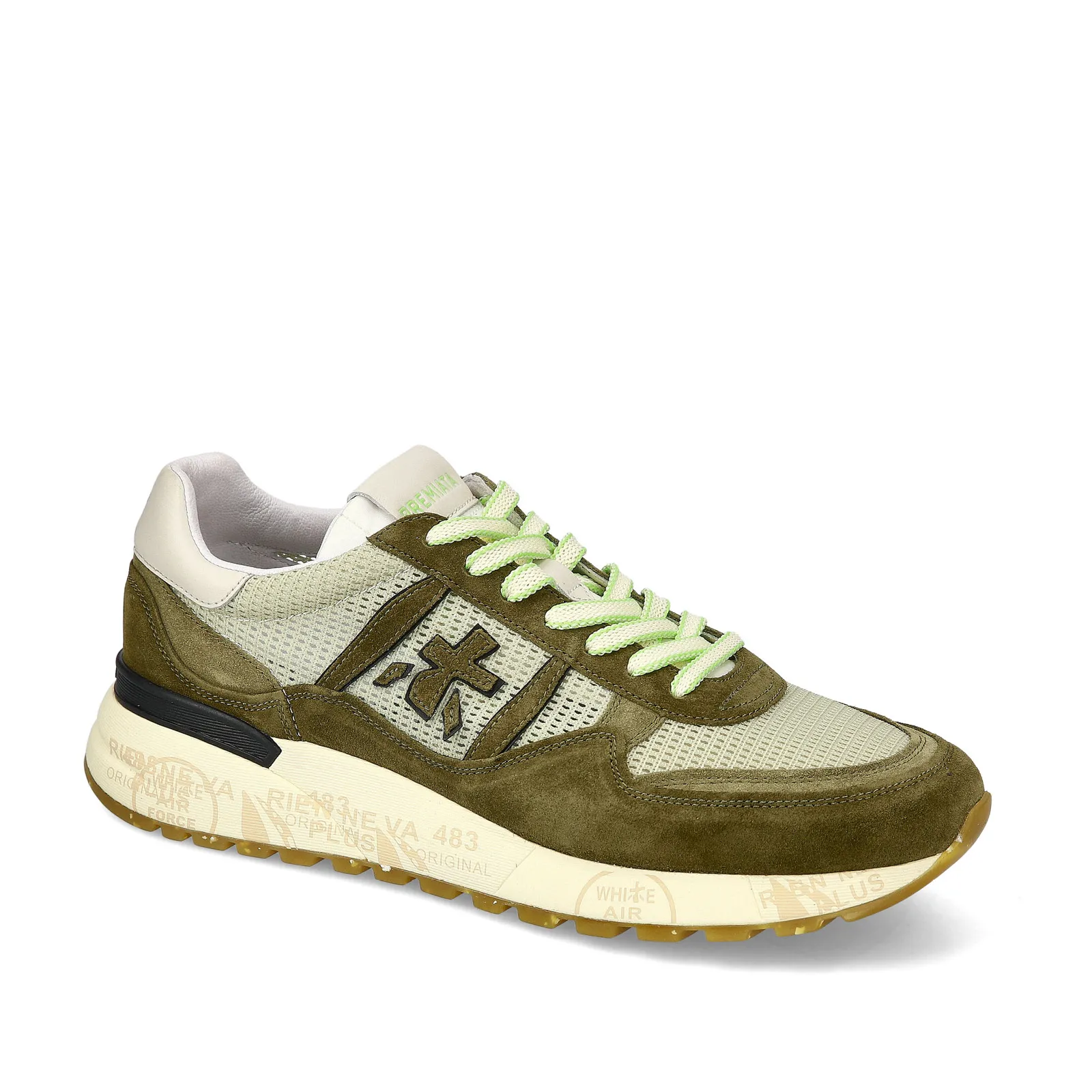 Sneakers Premiata Landeck in suede verdone e tessuto a rete naturale