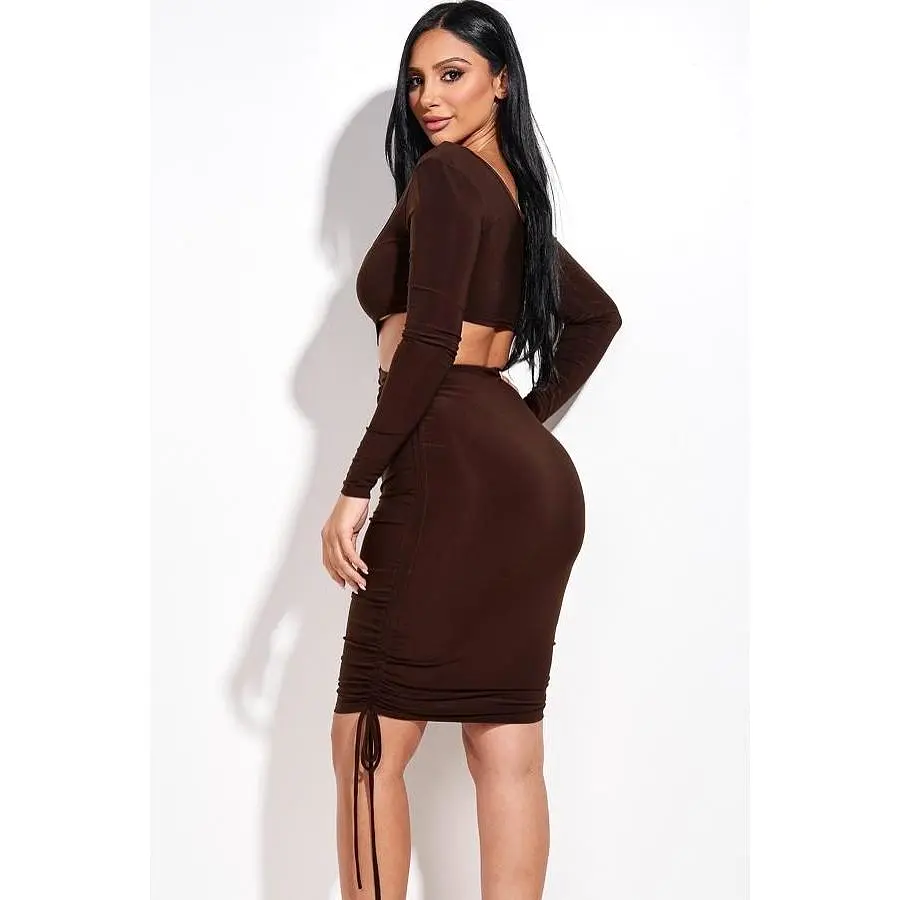 Solid Long Sleeve Ruched Short Dress With O Ring