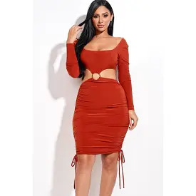 Solid Long Sleeve Ruched Short Dress With O Ring