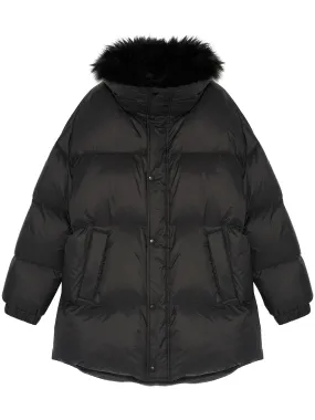 Stand collar down jacket with fluffy lambswool trim, black