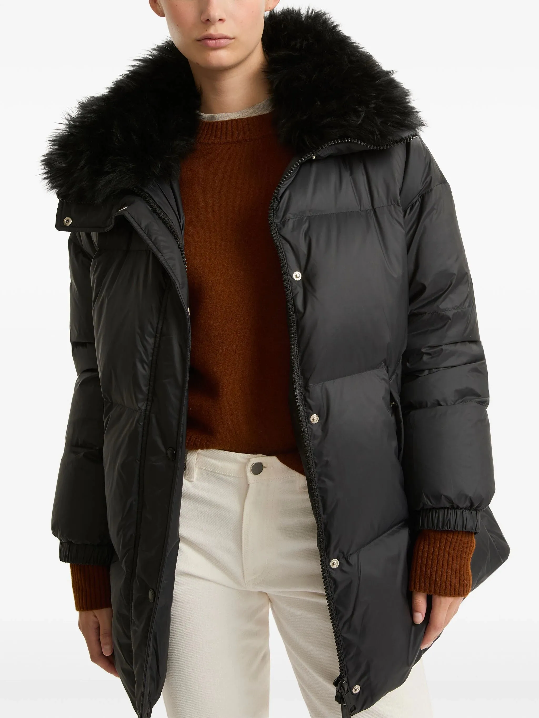 Stand collar down jacket with fluffy lambswool trim, black