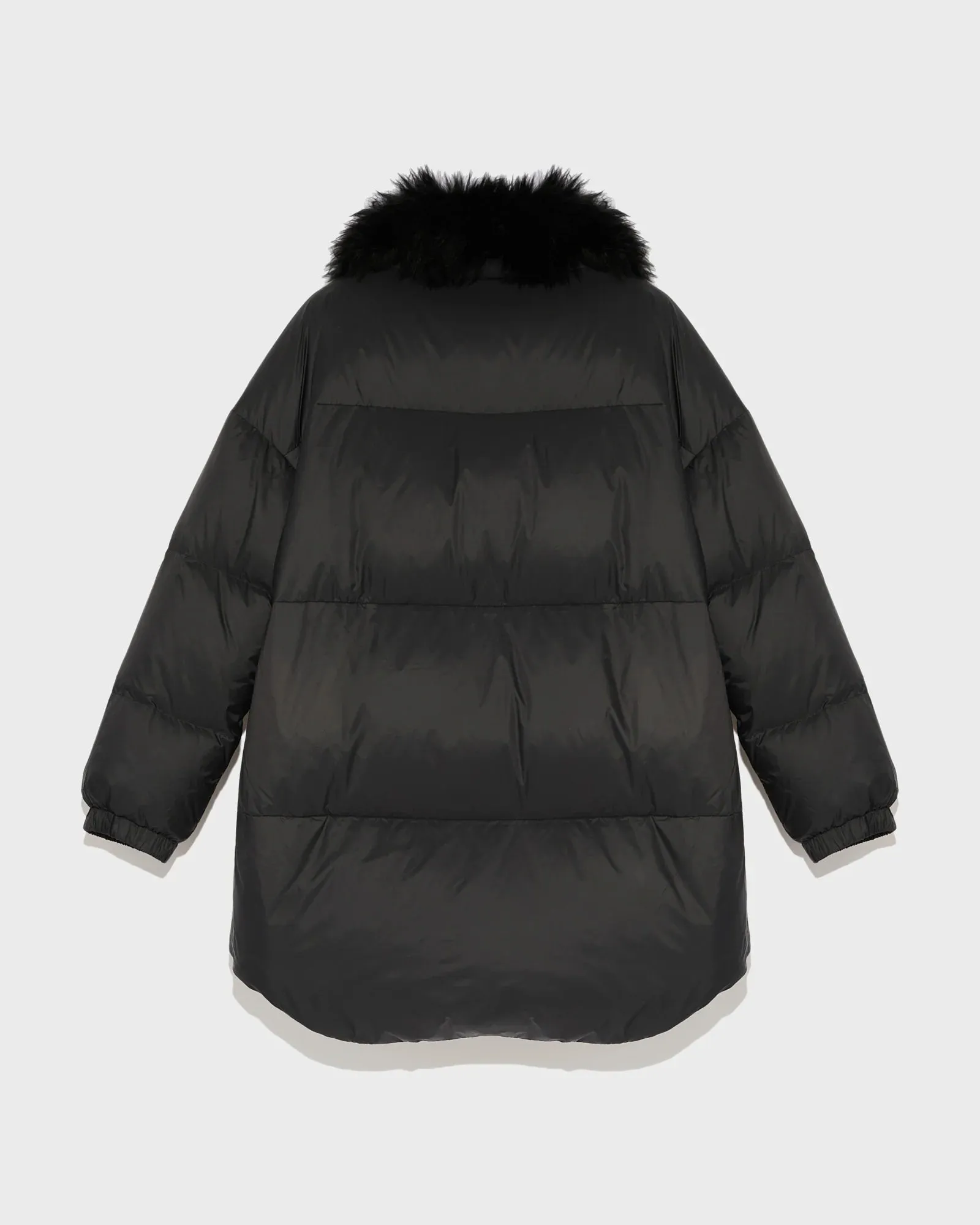 Stand collar down jacket with fluffy lambswool trim, black