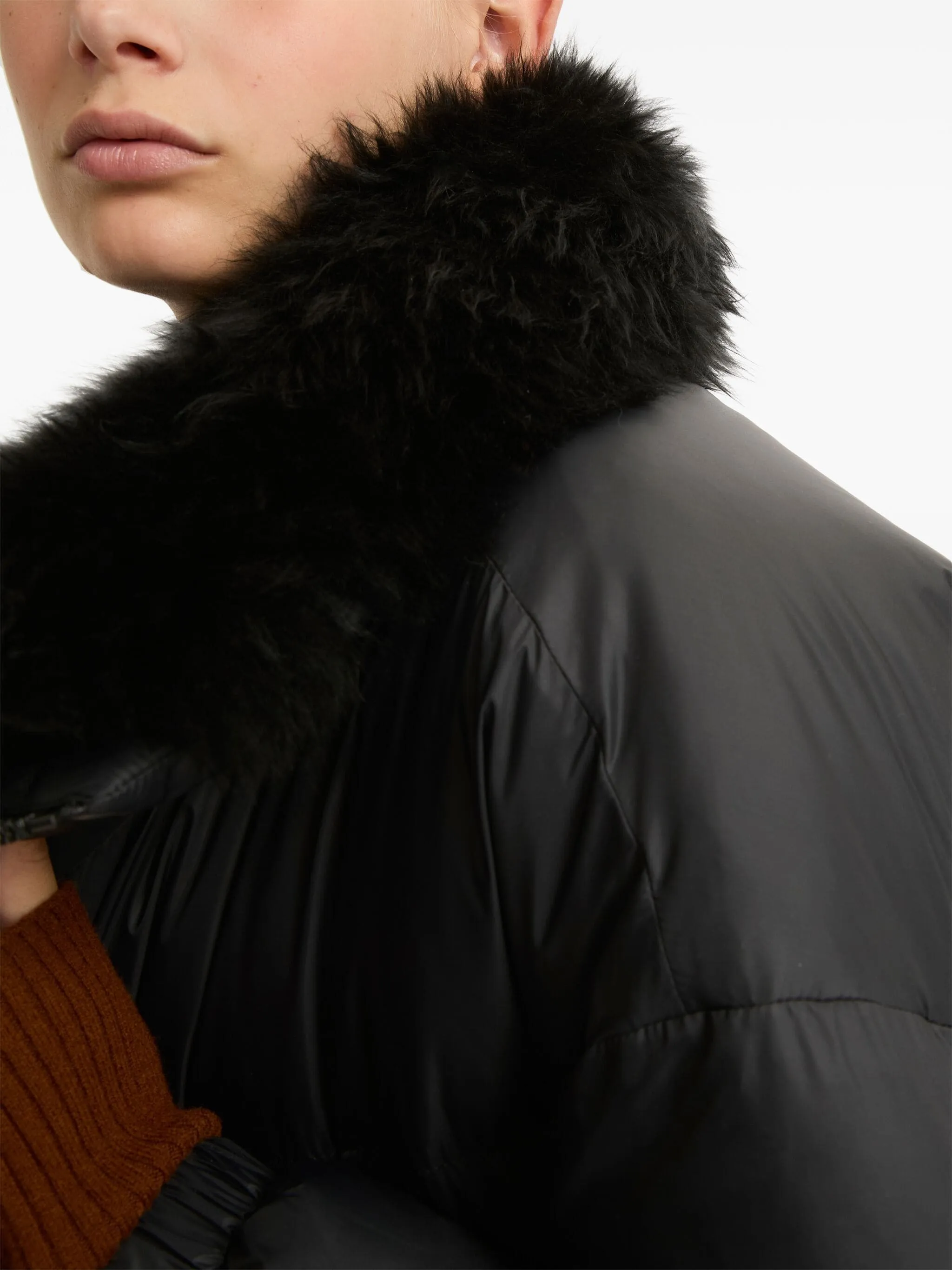 Stand collar down jacket with fluffy lambswool trim, black