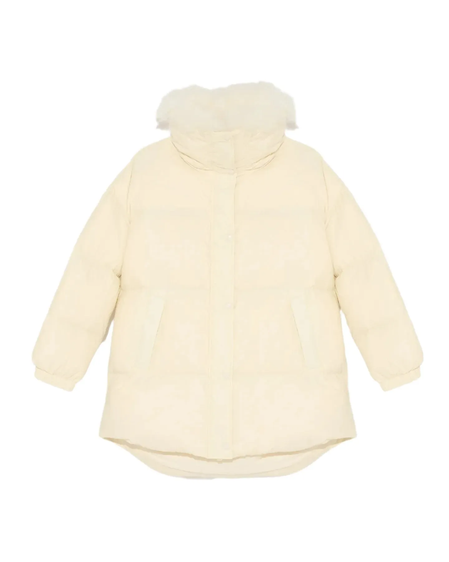 Stand collar down jacket with fluffy lambswool trim, meringue