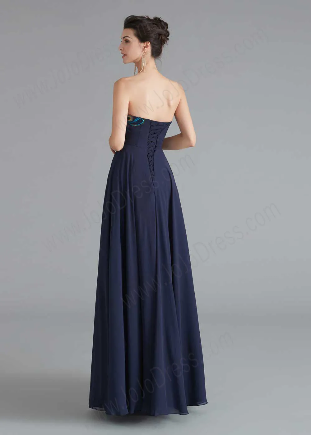 Strapless Navy Chiffon Peacock Style Formal Evening Dress