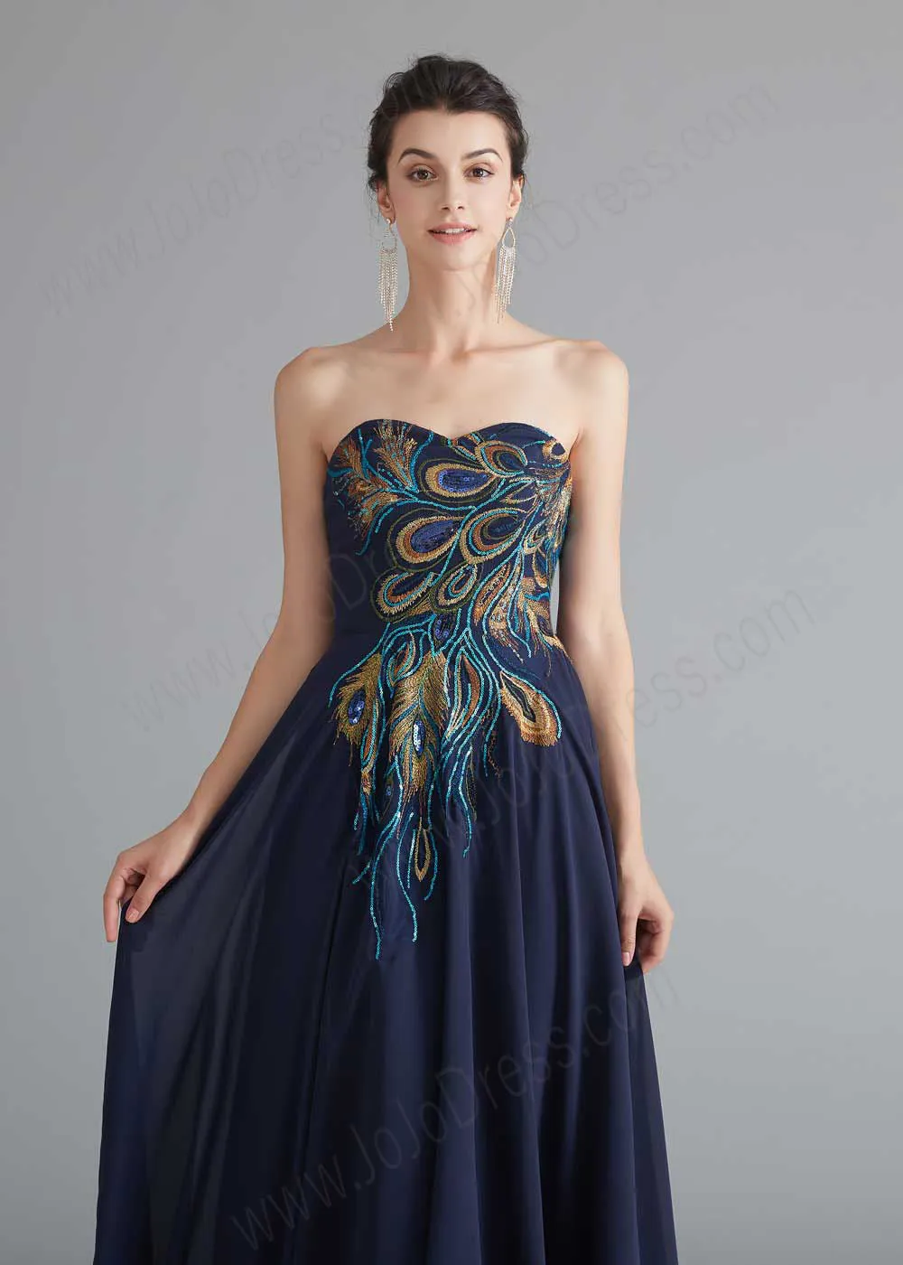 Strapless Navy Chiffon Peacock Style Formal Evening Dress