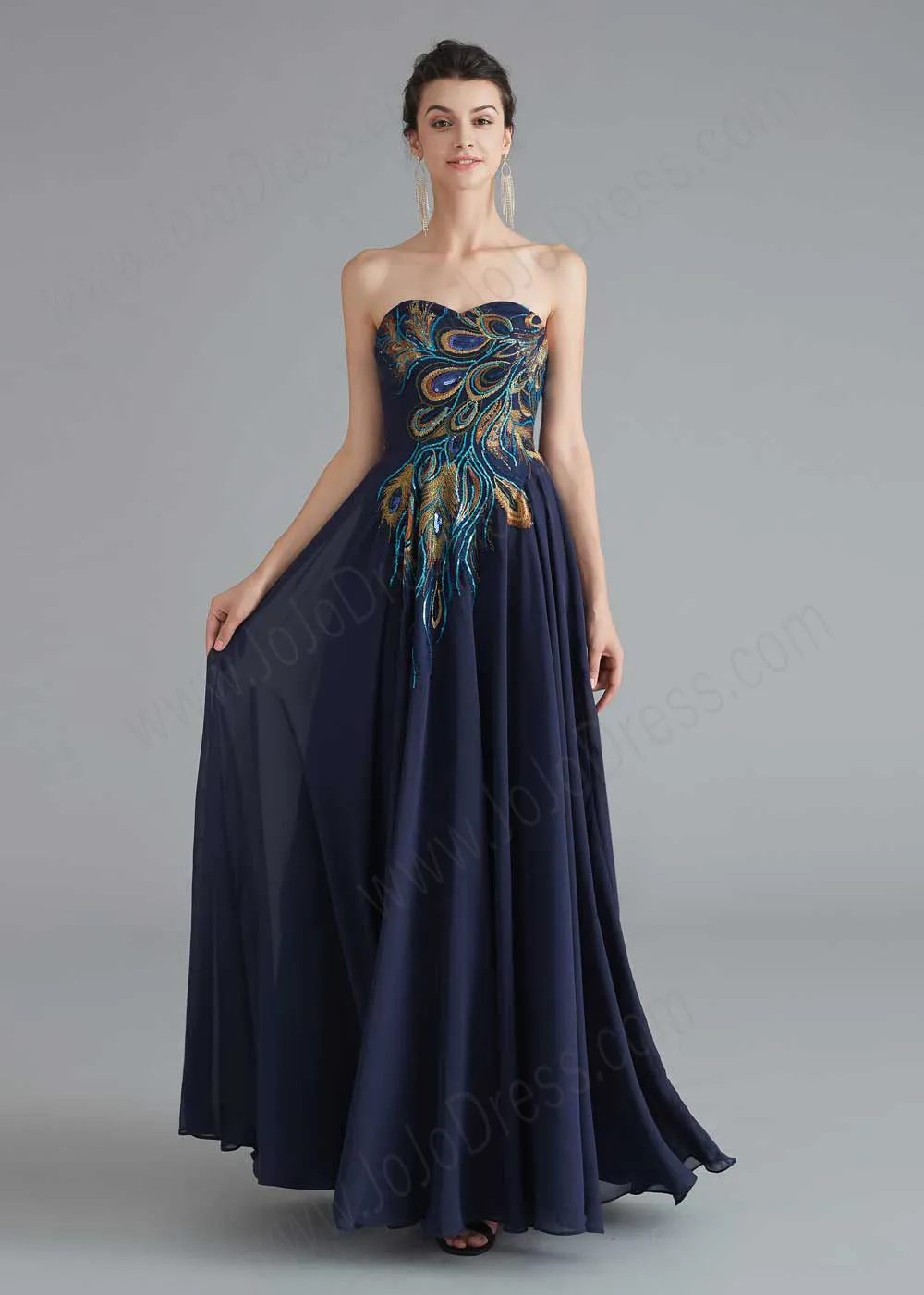 Strapless Navy Chiffon Peacock Style Formal Evening Dress