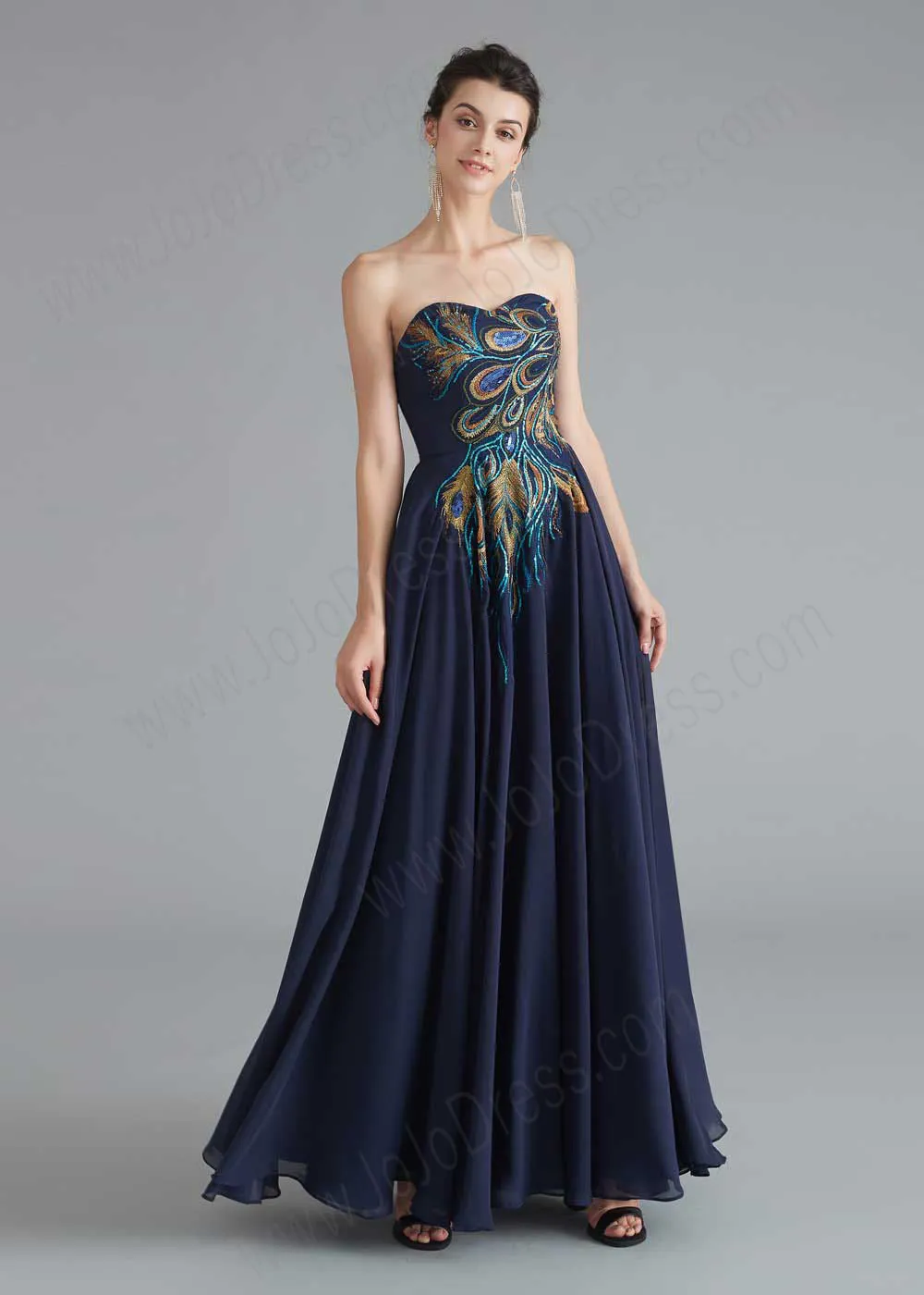 Strapless Navy Chiffon Peacock Style Formal Evening Dress