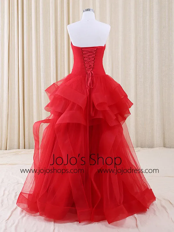 Strapless Red Tulle Ruffles Prom Formal Evening Dress | RS3011