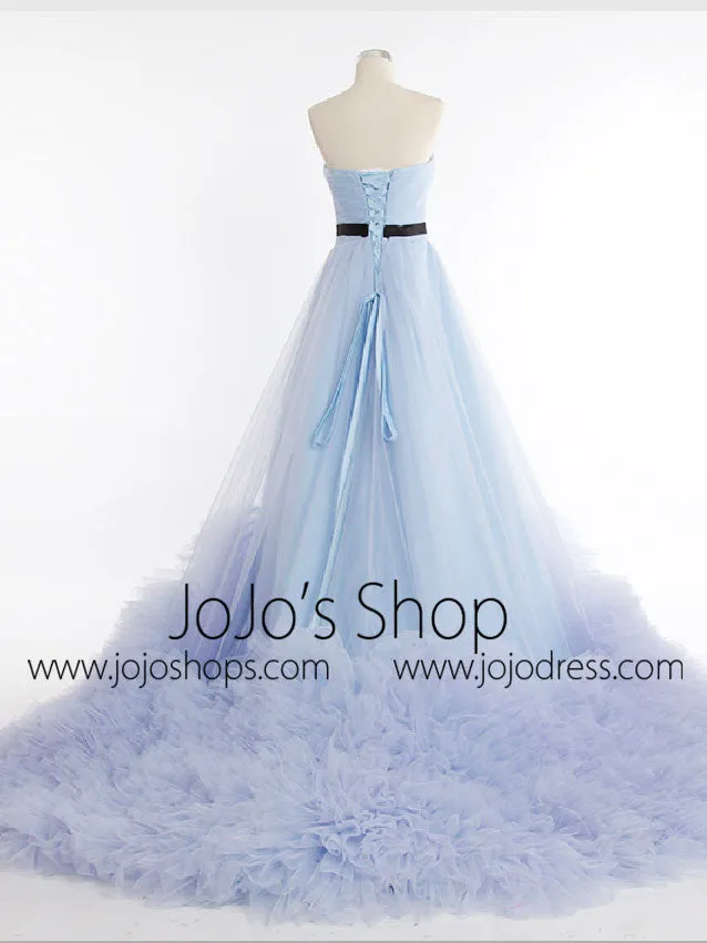 Strapless Sky Blue Tulle A-line Princess Formal Evening Dress