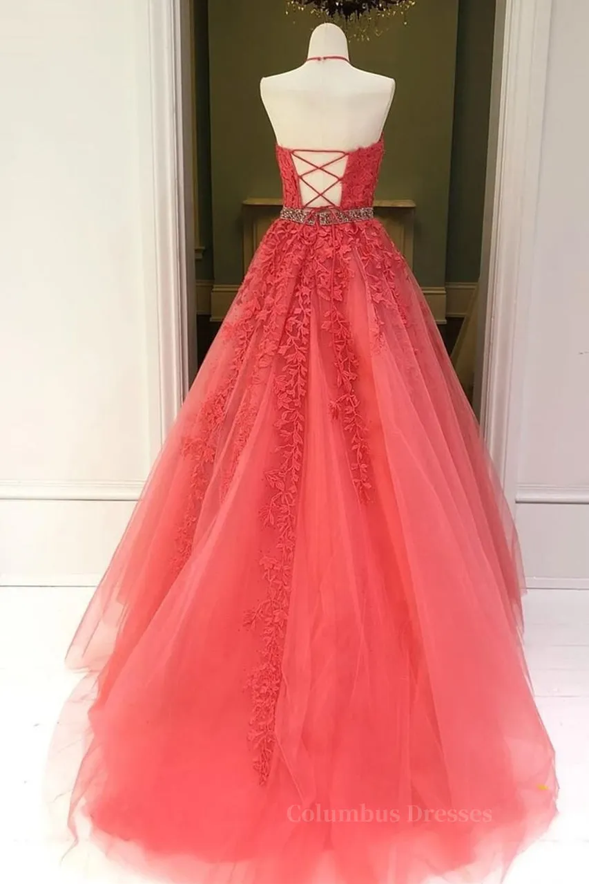 Stylish Backless Coral Lace Long Prom Dress, Coral Lace Formal Graduation Evening Dress