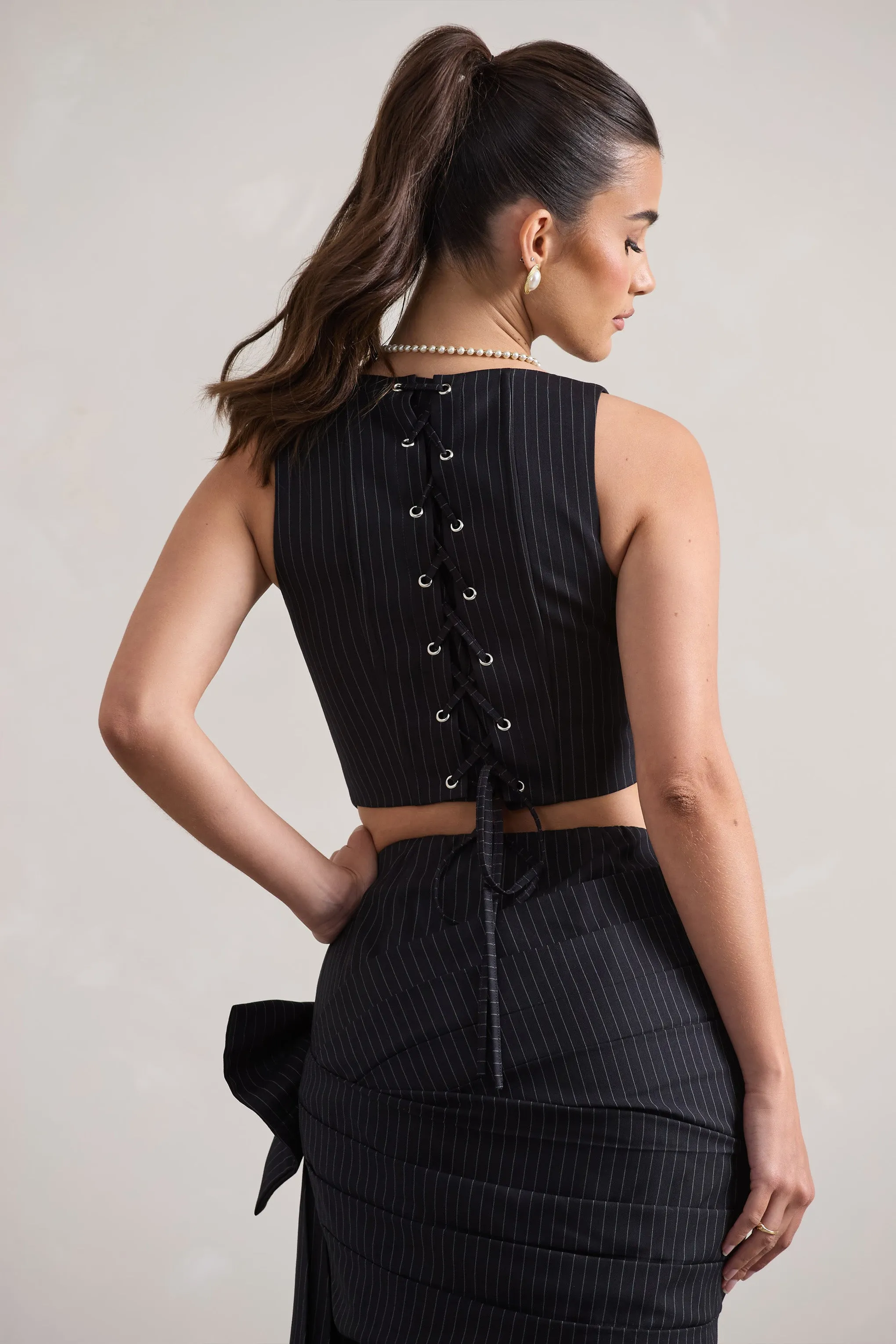 Think Again | Navy Pinstripe Structured Corset Top