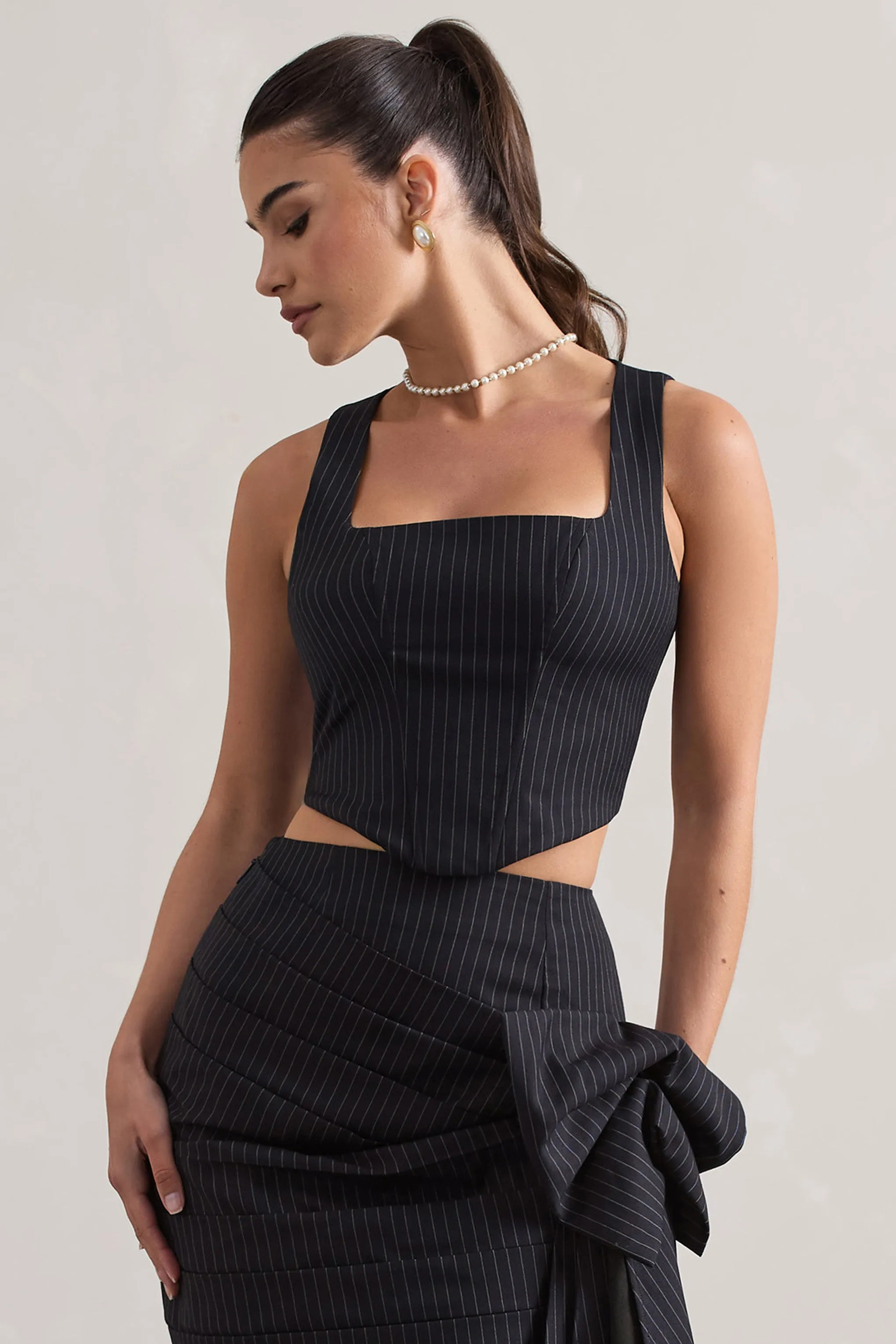 Think Again | Navy Pinstripe Structured Corset Top