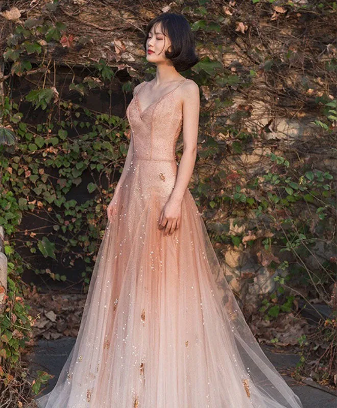 Unique Pink Tulle Long Prom Dress, Tulle Pink Evening Dress