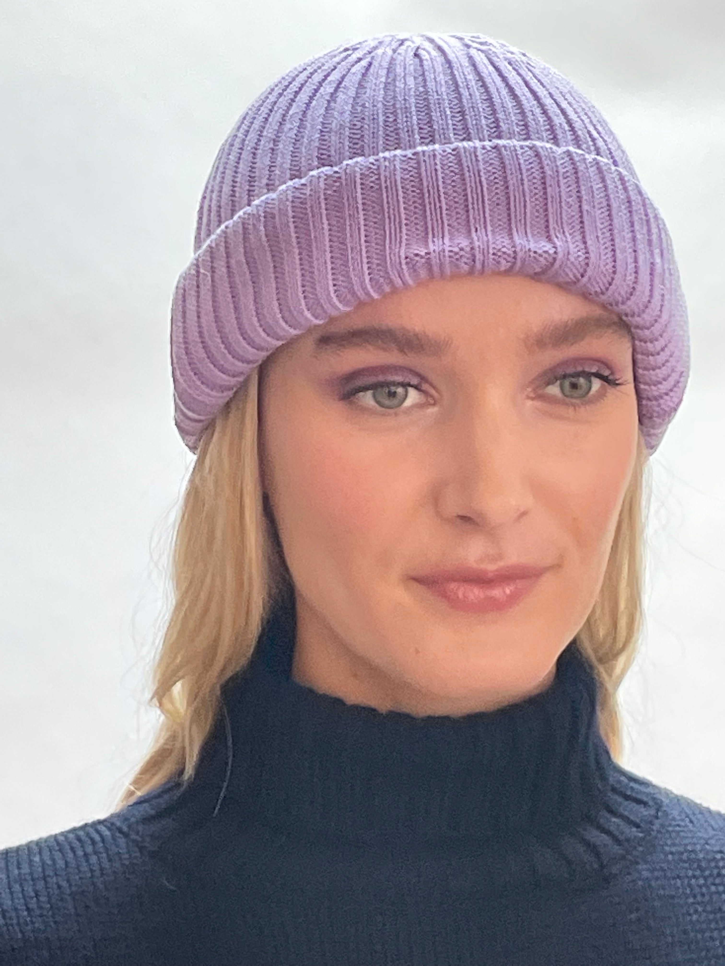 Violet Merino Ribbed Beanie Hat