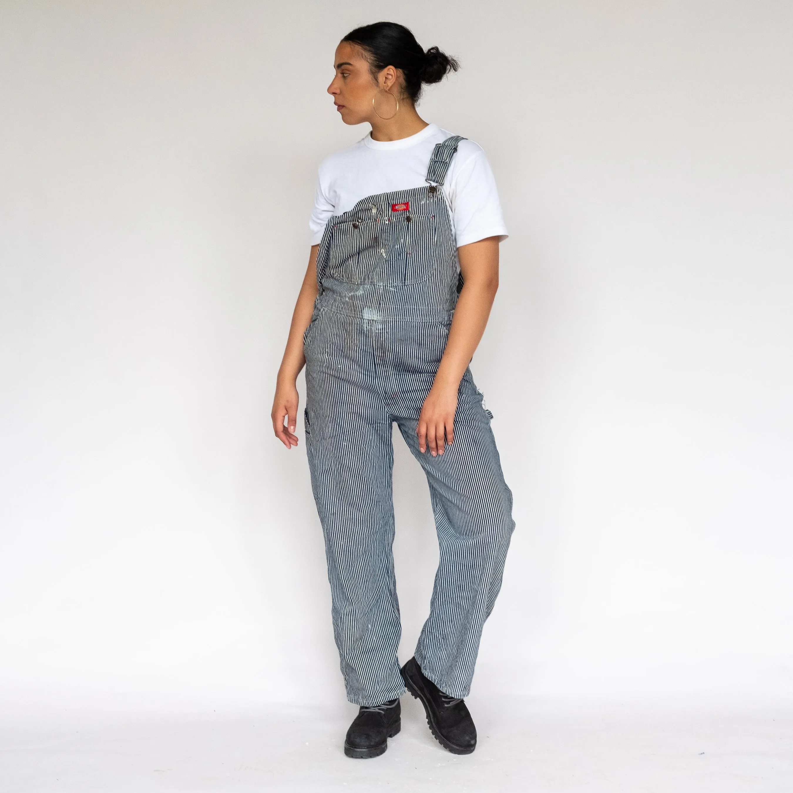 White 90s Dickies Stripey Canvas Baggy Dungarees (S)